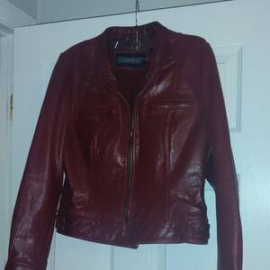 Chico's Red Leather Jacket with Tailored Fit and Zipper Closure